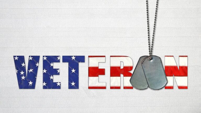 Red, White and Blue Veteran Text with Dog Tags on White Background