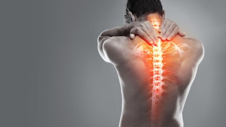 Diagram of Man with Back Pain on Gray Background