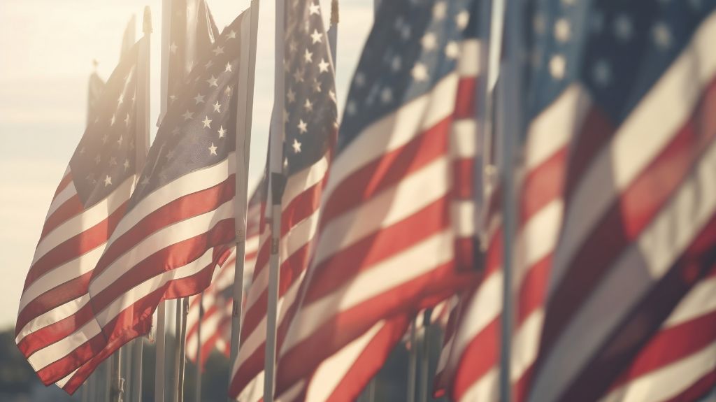 Line of American Flags in the Sun