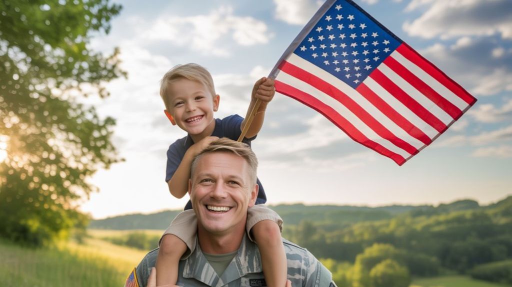 Soldier with Boy on His Shoulders Holding American Flag
