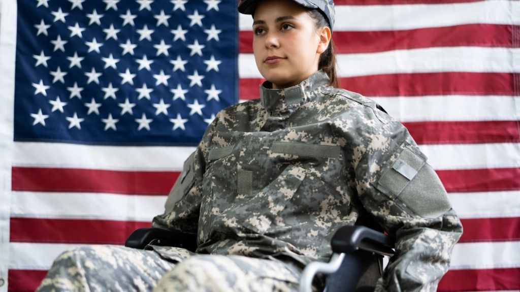 Veteran in Wheelchair in Front of American Flag